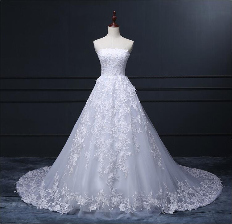 Fashion Strapless White/ivory Lace Tulle Puffy Skirt Long Wedding Dress 2016 Bridal Gown