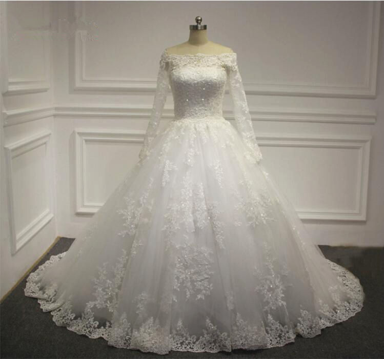 Puffy Skirt Long Sleeve Off Shoulder Lace Appliques Wedding Dress 2016 ...