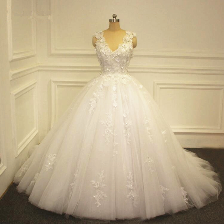 2017 Flowers Ball Gown A Line Wedding Dresses Lace Appliques White ...