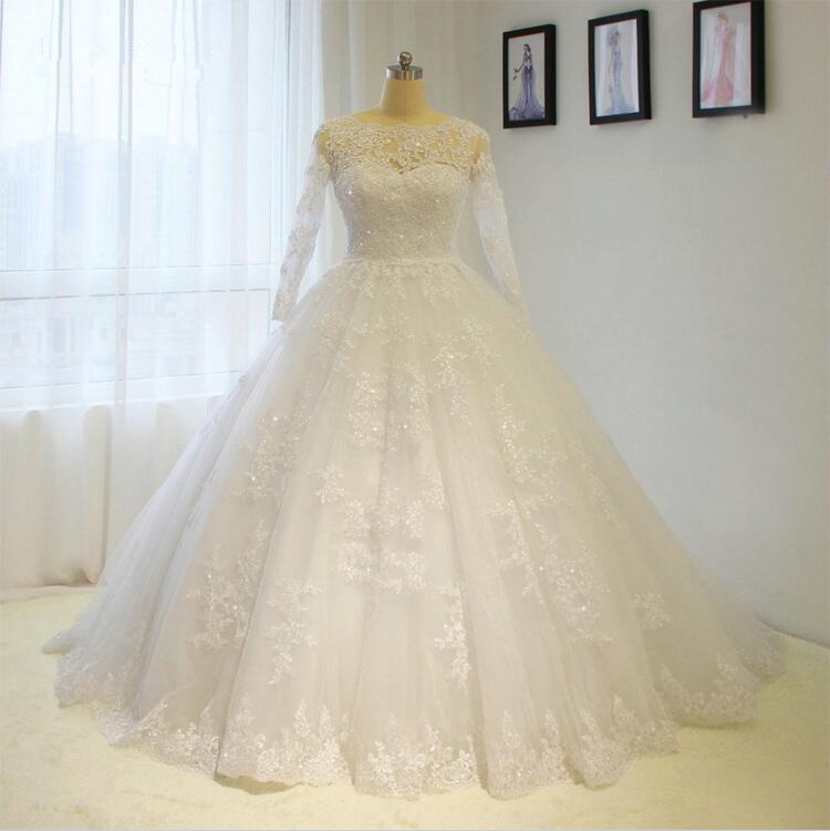 2017 Puffy Lace Appliques Long Sleeve Wedding Dress Custom Sizes White/ivory A Line Bridal Gown Ball Gown