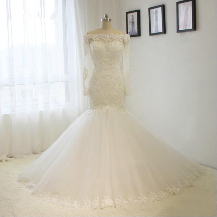 Beautiful Fashion Off Shoulder Style Long Sleeve Lace Mermaid Wedding Dresses Sexy White / Ivory Bridal Gown Custom Sizes