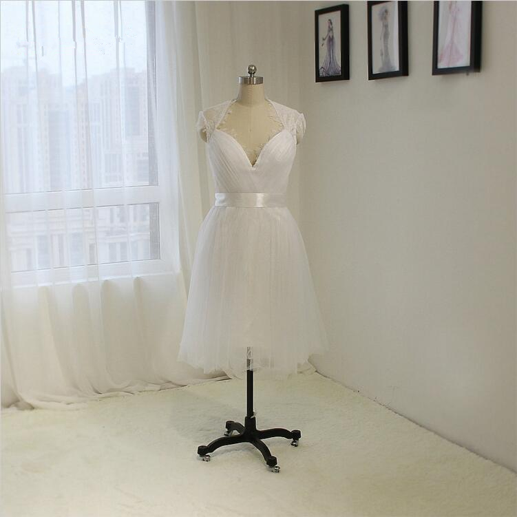 Fashion Cap Sleeve Lace Short Wedding Dress A Line Tulle White / Ivory Bridal Gown Custom Sizes