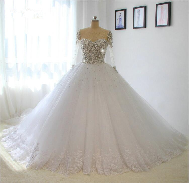 Luxurious Beading Rhinestones Wedding Dress A-line Long Sleeves White ...