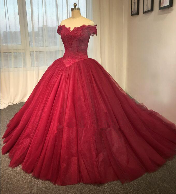 Red Wine Off The Shoulder Princess Ball Gown Wedding Dress A Line Bride ...