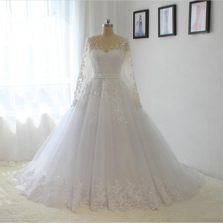 Tulle Long Sleeves Wedding Dress A-line Lace White/ivory Bridal Dress Custom Size