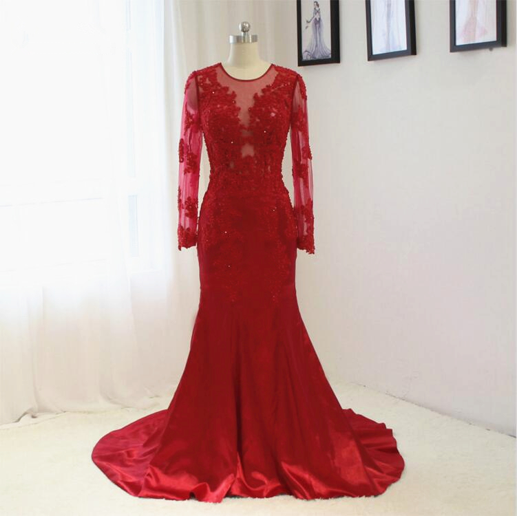 2016 Red Wedding Dress Mermaid Sexy Lace Applique Long Sleeves Bride Dress Custom Size