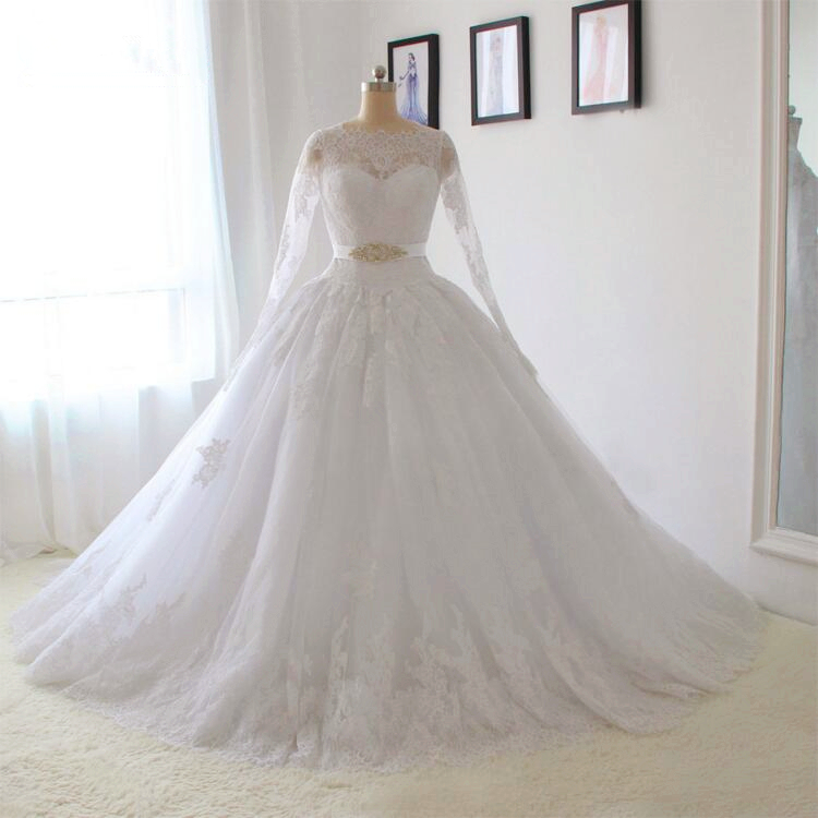 Long Sleeves Lace Wedding Dresses Elegant Wedding Dress A Line White / Ivory Bride Dress Custom Size