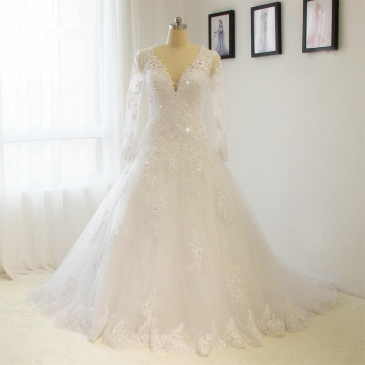 Sexy Deep V Neck Lace Appliques Wedding Dresses A Line Long Sleeves White / Ivory Bride Dress Custom Size