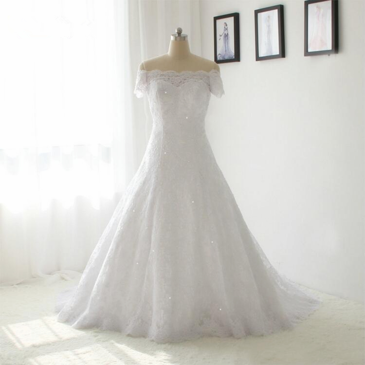 Short Sleeve Off Shoulder Lace Appliques Wedding Dresses White / Ivory A Line Bride Dress Plus Size