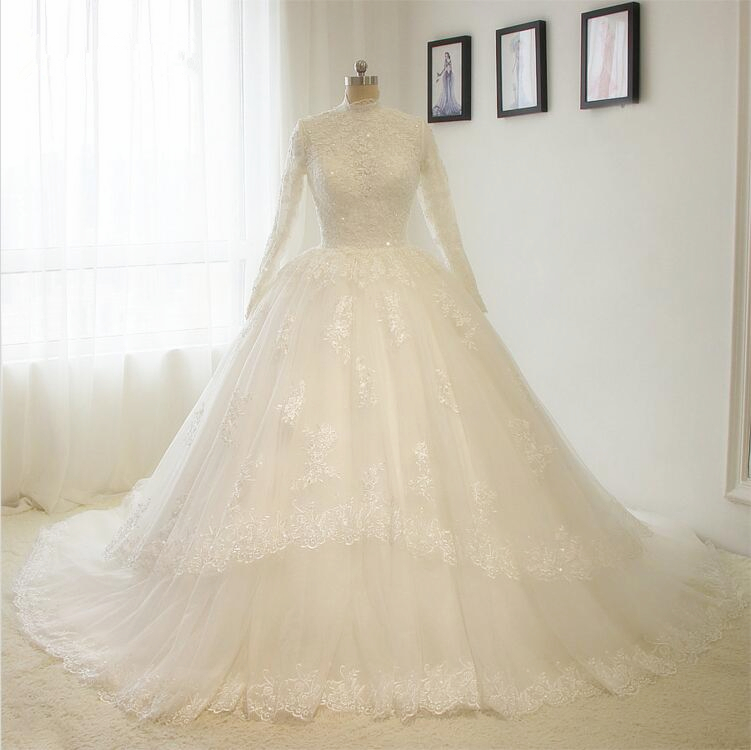 Fashion High-neck Wedding Dress Lace Wedding Ball Gown Long Sleeves A Line White / Ivory Bride Dress Custom Size