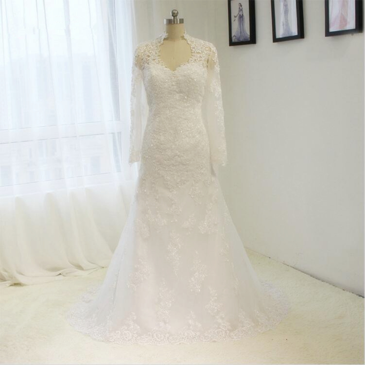 Simple Lace Bridal Wedding Dress A-line White / Ivory Long Sleeves Bride Dress Custom Size