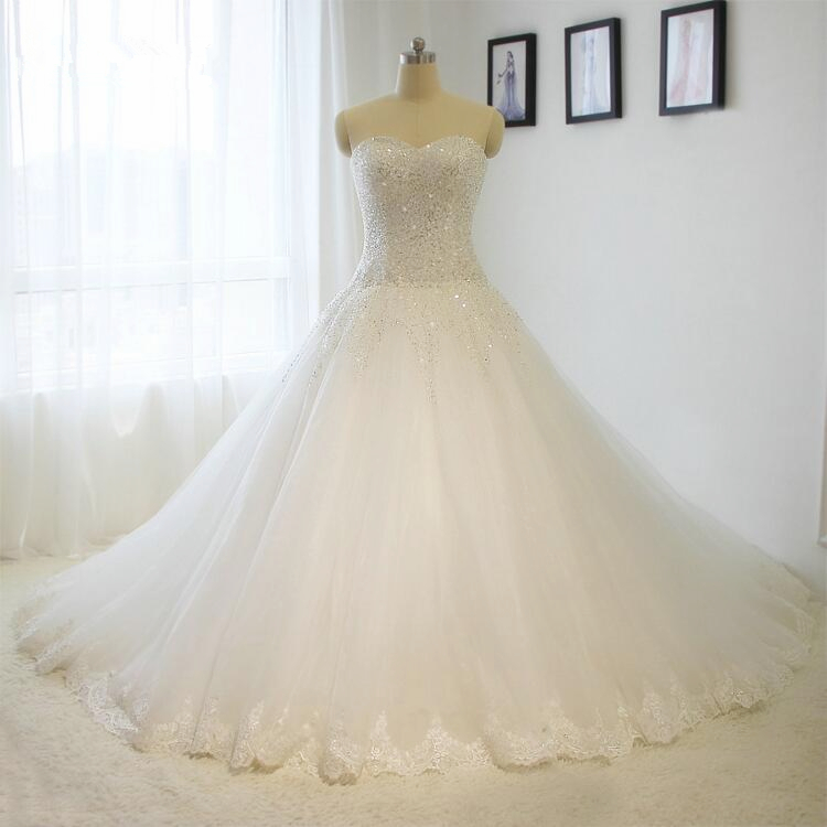 Strapless Beading Bridal Wedding Dresses Ball Gown Sweetheart A Line White / Ivory Bride Dress Custom Size