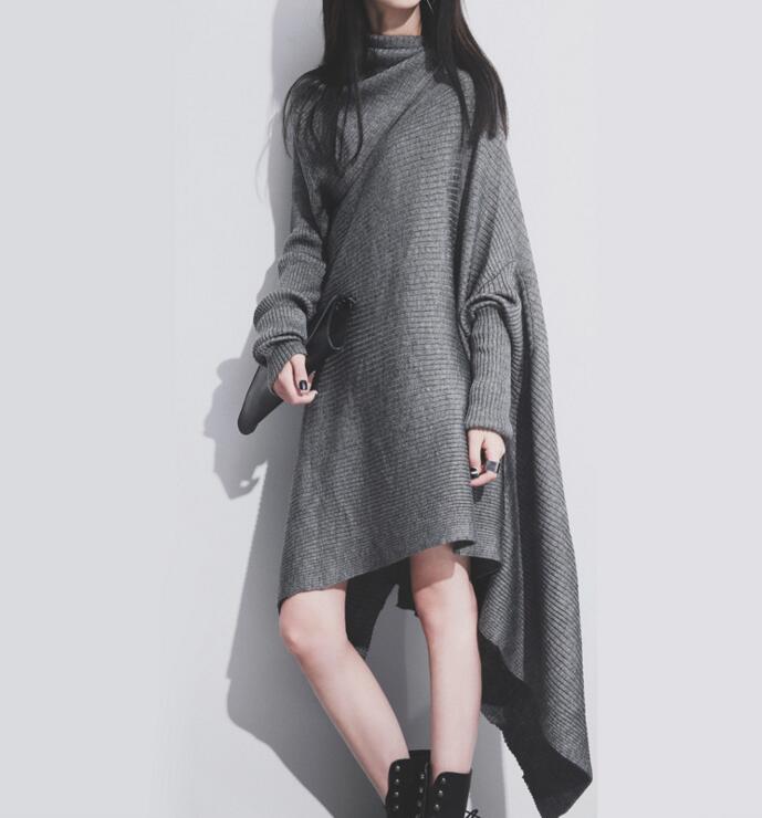 Fashion Winter Women Loose Sweater Irregular Edges Long Sleeves High Neck Knitting Dresses Lfz13