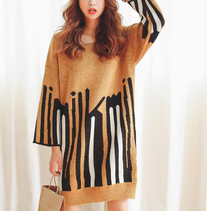 Fashion Plus Size Loose Sweater Winter Printing Long T-shirt Casual Knitting Dress Lfz20
