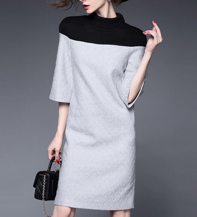 Women Fashion Sweater Splicing Dress High Quality Half-sleeve Ladies Formal Occasions Dress Evening Dress Lfz21