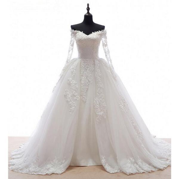 Floor Length Lace Appliqué Tulle Wedding Gown Featuring Long Sleeve Off