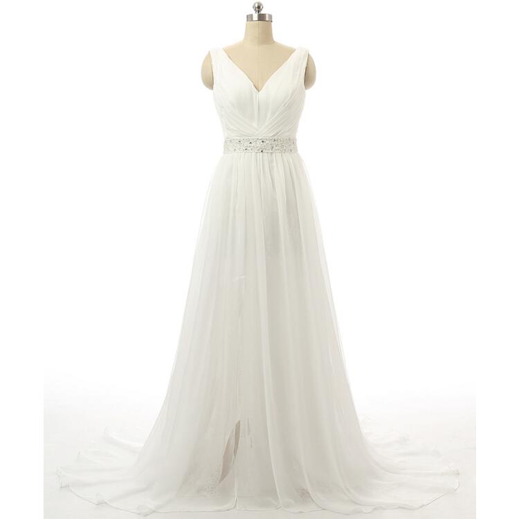 Sexy Whiteivory Chiffon Wedding Dress A Line V Neck Sleeveless Floor Length Bridal Gown Beading 