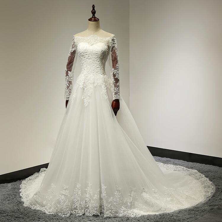 Boat Neck Lace Top A-Line Tulle Wedding Dress With Long Sleeve Bridal ...