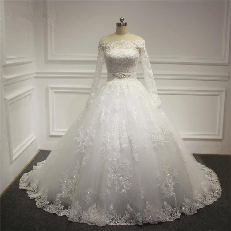 Puffy Skirt Long Sleeve Off Shoulder Lace Appliques Wedding Dress 2016 ...