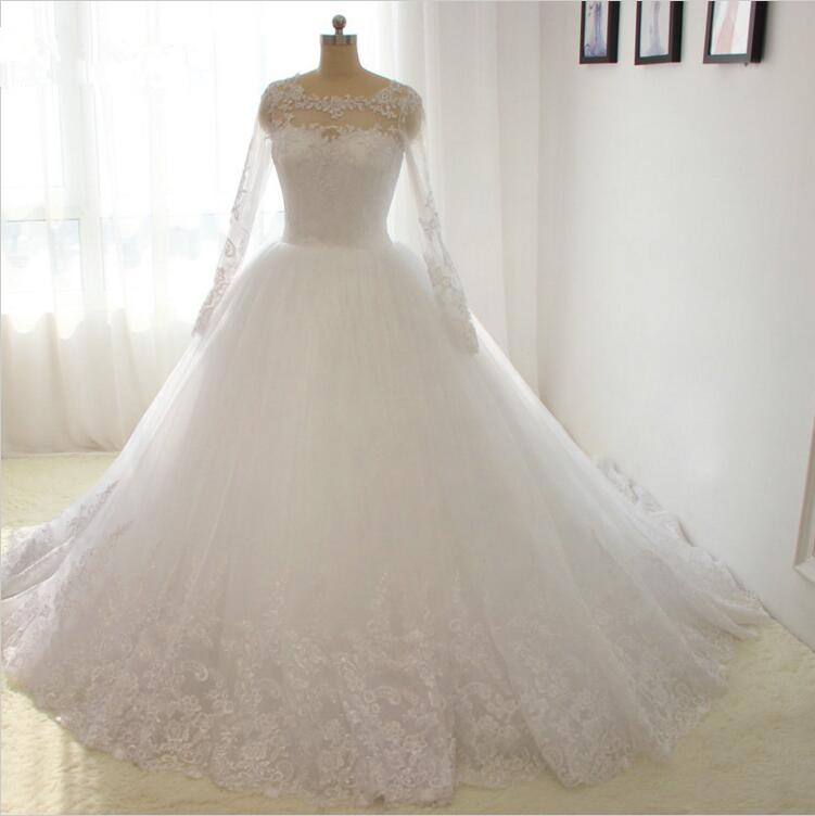 Puffy Skirt Long Sleeve Lace Wedding Gowns A Line Princesa Bridal Dress ...