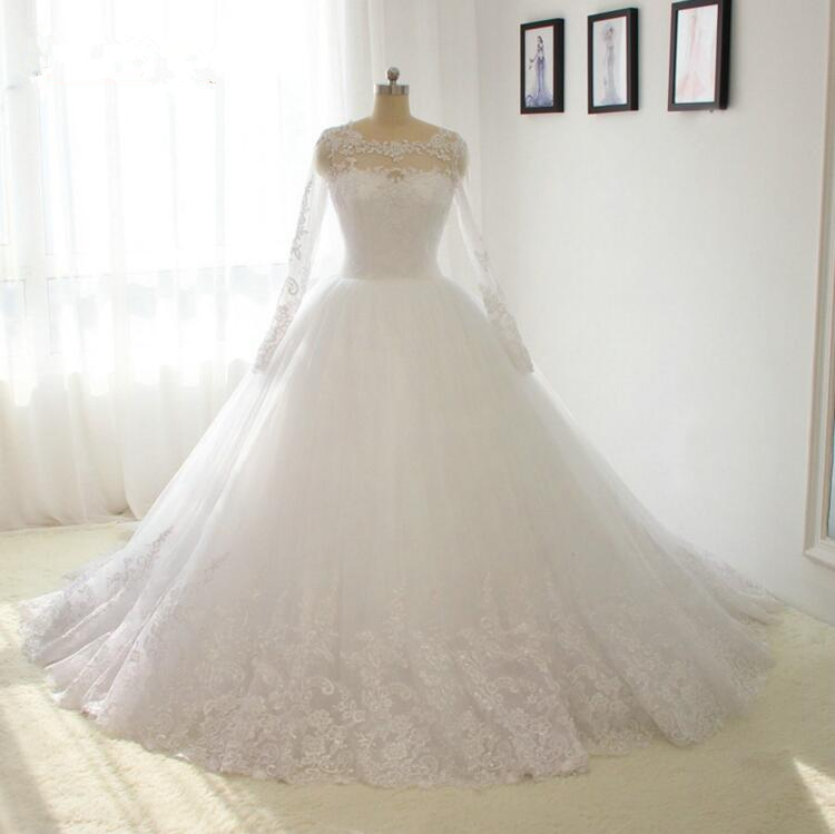 Puffy Skirt Long Sleeve Lace Wedding Gowns A Line Princesa Bridal Dress ...